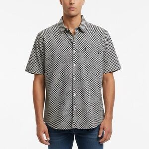 Dockers Men's 100% Cotton Navy Blue and Cream Patterned Shirt